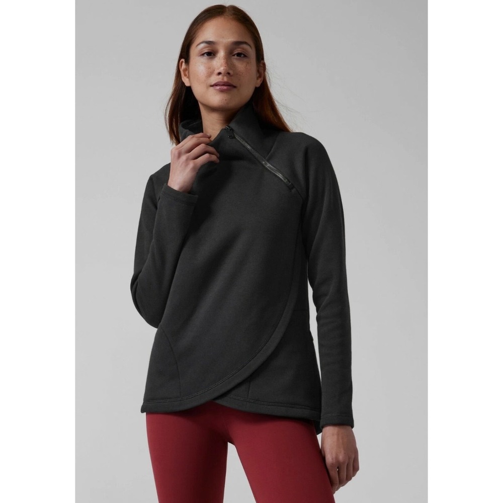 Athleta Cozy Karma Asymmetrical Zip Pullover Sweatshirt Black Size M